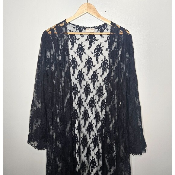 Vtg DELTA BURKE Sheer Black Lace Duster Cardigan 1X Open Robe Whimsygoth Witchy - Picture 2 of 7